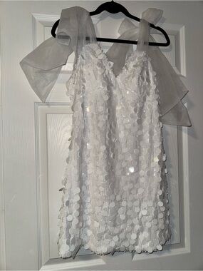 White Sequin Party Dress with Sheer Bow Straps